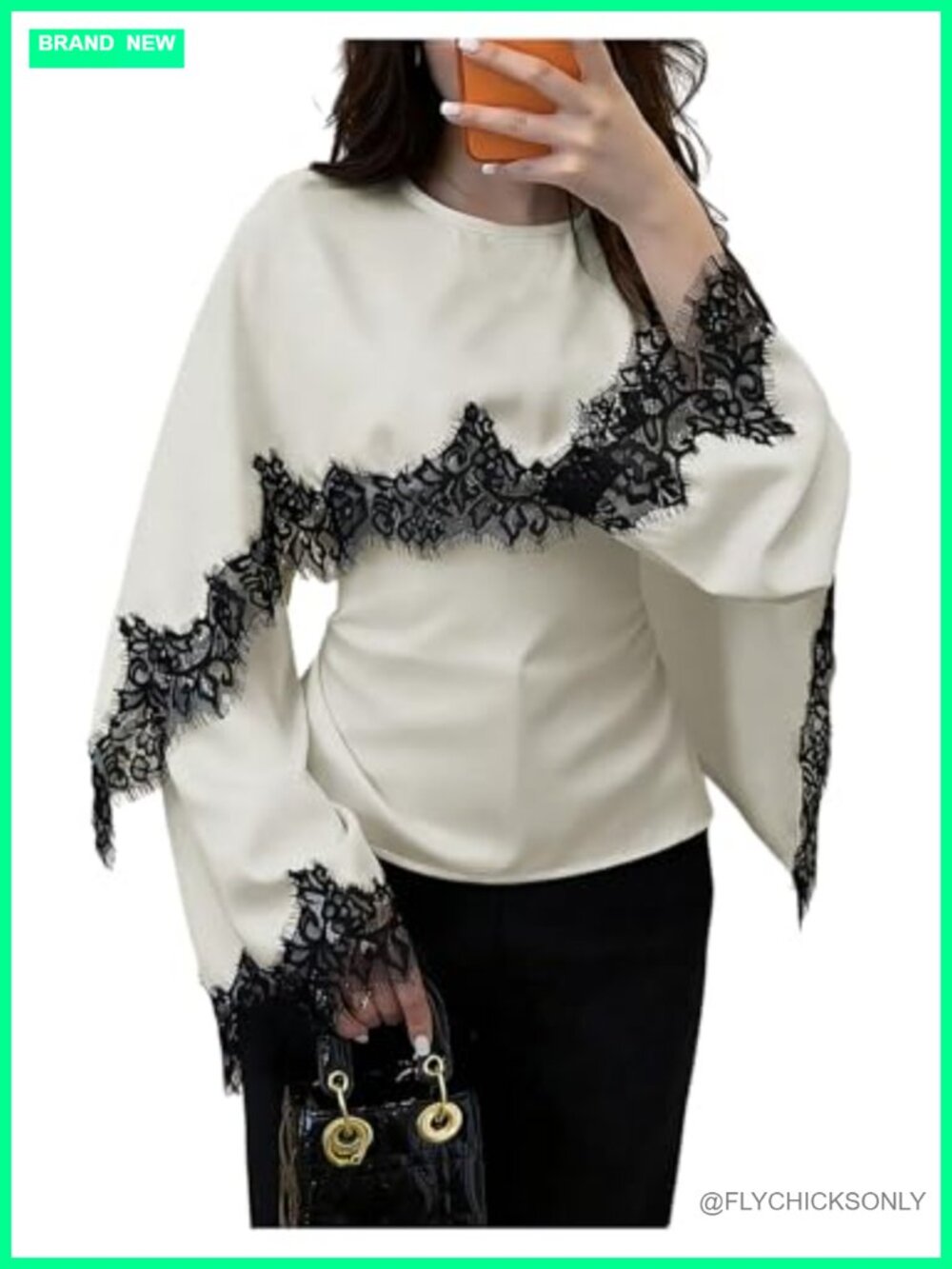 Satin Lace Trim Cape Blouse Cinched Waist Ruched Tie Back Top